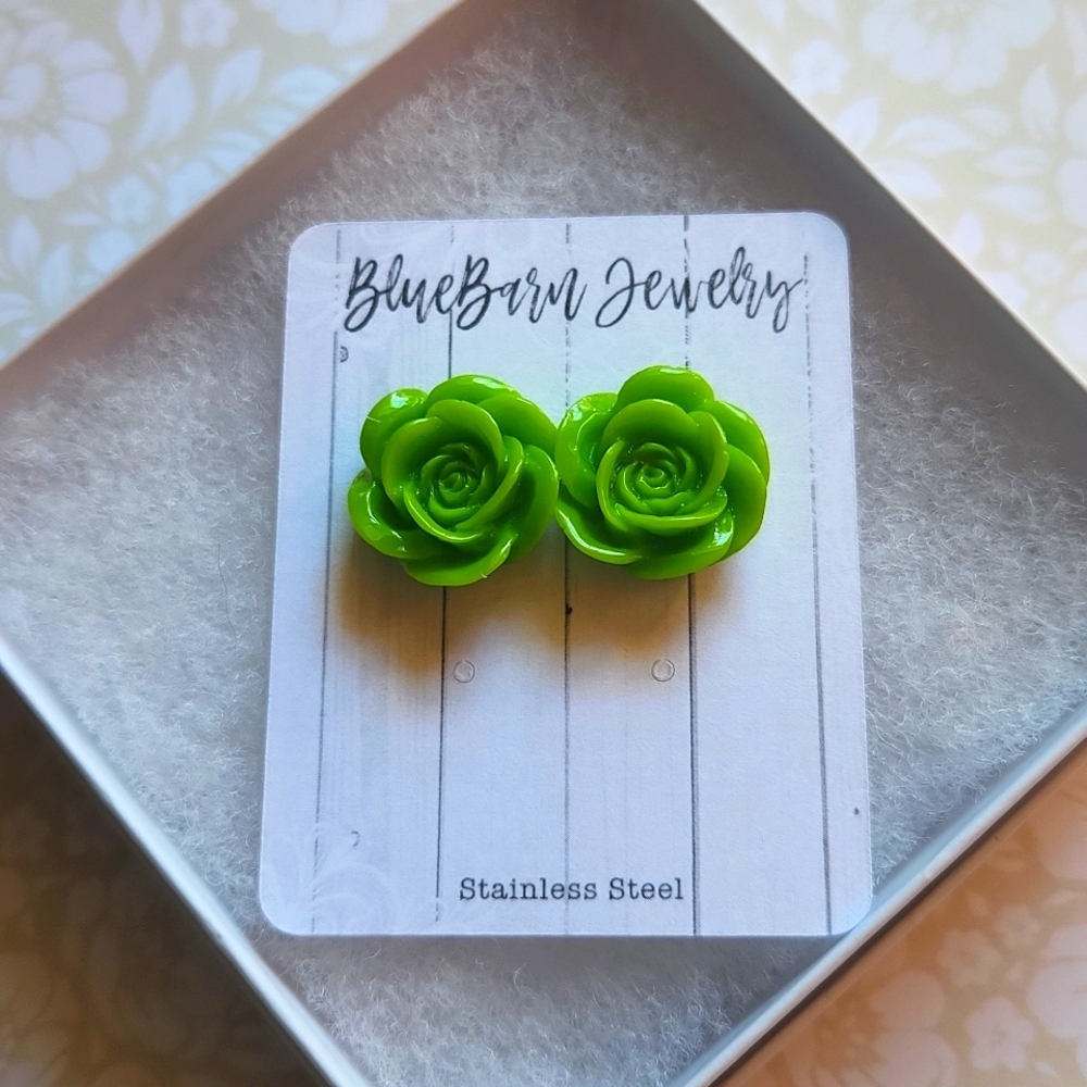 Handmade Green Rose Stud Earrings